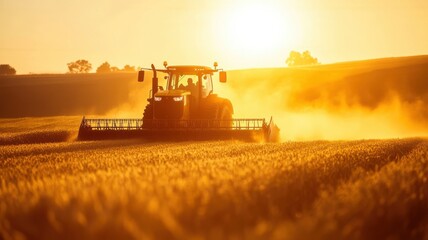 Fototapeta premium Tractor harvesting wheat in dusty fields, with sunset light creating a warm glow, captured in sharp focus in a realistic photograph. Harvesting