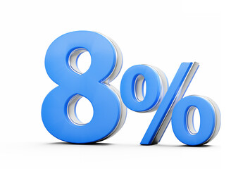 Vibrant Blue 8% Eight Percent Sign With Sleek Metallic Gleam On White Background 3D Illustration