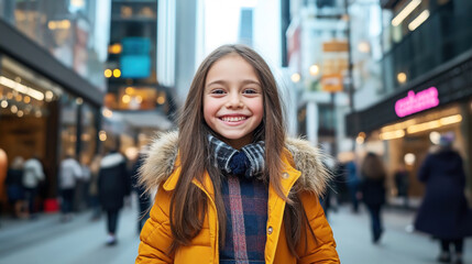 Fototapeta premium A smiling young girl in a yellow coat with a fur hood and a scarf standing in a busy urban street with people and buildings in the background.