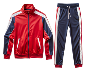 Red and navy athletic tracksuit set on transparent background