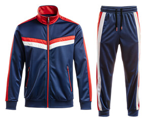 Stylish navy athletic tracksuit with red accents on transparent background