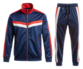 Stylish navy athletic tracksuit with red accents on transparent background
