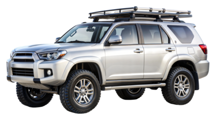 Silver SUV with roof rack and tires on transparent background