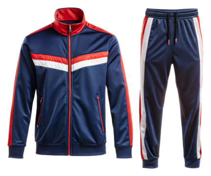 Stylish navy athletic tracksuit with red accents on transparent background
