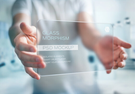Transparent Frosted Glass Floating Between Man&rsquo;s Hand Mockup