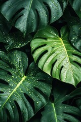 Close-Up of Lush Green Monstera Leaves with Water Droplets in a Tropical Environment
