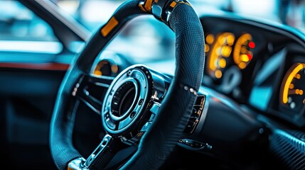 Detailed view of a high-tech racing car steering wheel  gear shift controls and settings. Interior professional race car drivers technology engineering speed in motorsport competition 
