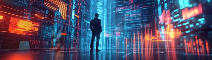 Businessman Standing in Futuristic Digital City with Data and Technology Elements