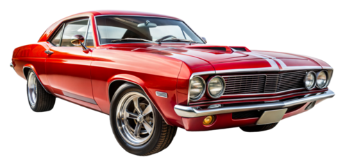 Classic red muscle car parked in bright sunlight on transparent background