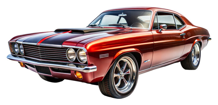 Classic red muscle car parked in bright sunlight on transparent background