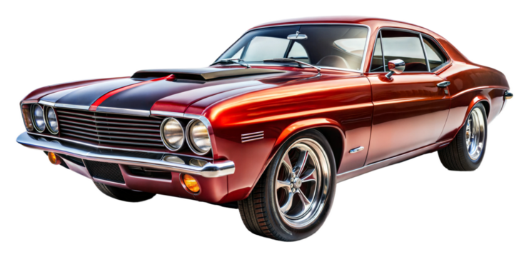 Classic red muscle car parked in bright sunlight on transparent background