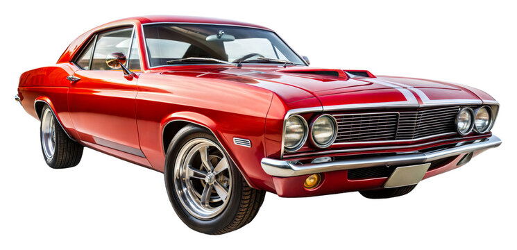 Classic red muscle car parked in bright sunlight on transparent background