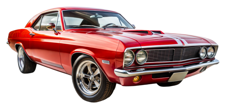 Classic red muscle car parked in bright sunlight on transparent background