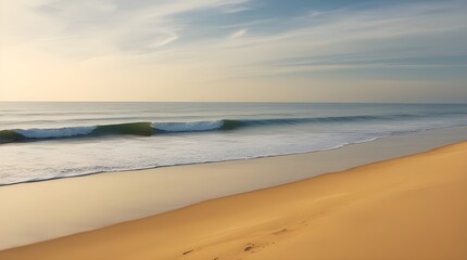 Fototapeta premium A serene beach with gentle waves caressing the shore, soft golden sand stretching out under a dreamy sky.