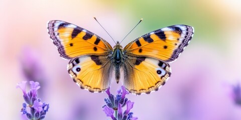 Obraz premium Stunning Butterfly Perched on Lavender, A Vivid Display of Nature's Beauty