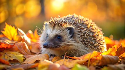 Fototapeta premium hedgehog in the midst of autumn leaves