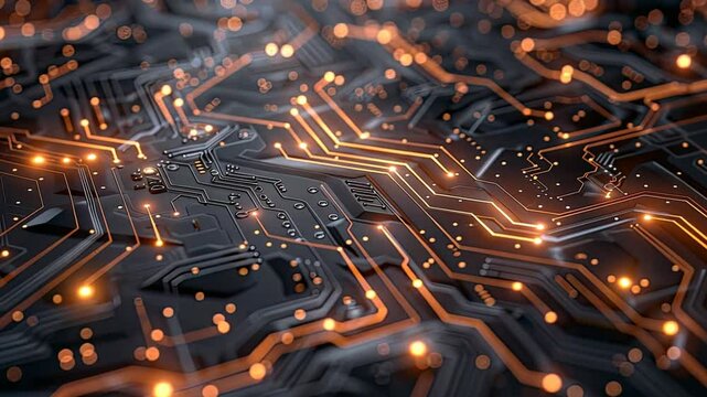 Cybernetic Dawn: A futuristic cityscape of circuitry, illuminated by the warm glow of data streams, evokes the power and potential of modern technology. 