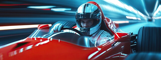 ECU Portrait of modern race car pilot driving fast during a race. Realistic 3d rendering . 3D Illustration