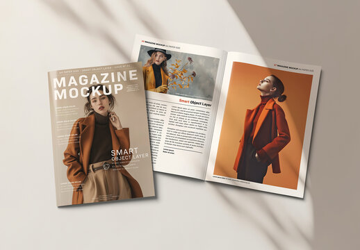 Isolated Magazine Cover and Open Magazine Mockup with Soft Shadows