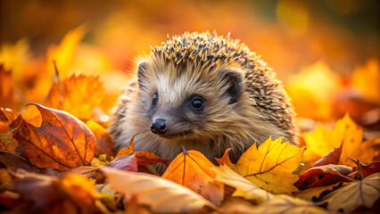 hedgehog, autumn leaves