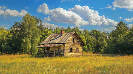 Obraz premium A rustic wooden cabin stands alone in a vibrant green meadow under a bright blue sky filled with fluffy clouds