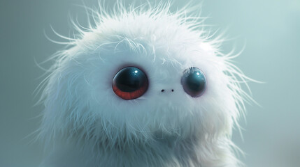 A fuzzy white animal with red eyes stares at the camera