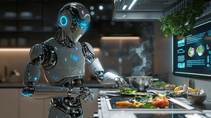 Fototapeta premium A robot is preparing and cooking food in a modern kitchen space