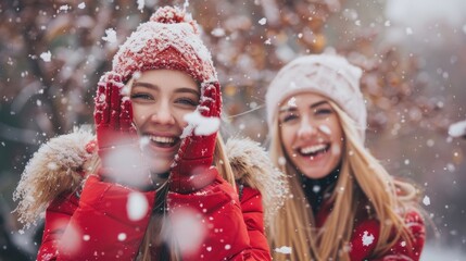 beautiful blonde young woman in red winter jacket enjoying snowfall