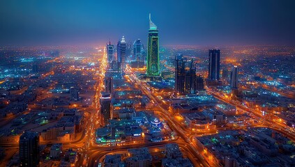 Obraz premium Night view of the city skyline in Saudi Arabia, with illuminated skyscrapers and bustling streets below. 