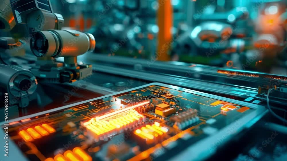 Aufkleber robotic arm is analyzing an electronic circuit board using a tablet in a high tech factory, showcasi