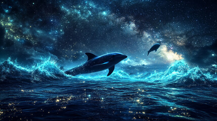Fototapeta premium Dolphins leap through glowing waves under a starry night sky in a surreal ocean landscape