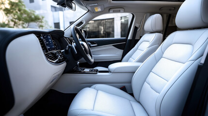 Modern car interior with luxurious white leather seats, advanced dashboard, and a sleek steering wheel, showcasing high-end automotive design and technology.