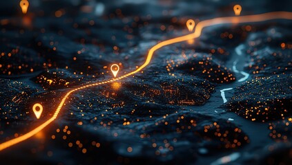 Map with glowing location pins and an orange path line on it. 