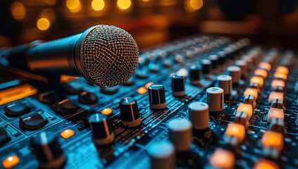 microphone in front of an audio console, with sound engineer equipment visible in the background. 