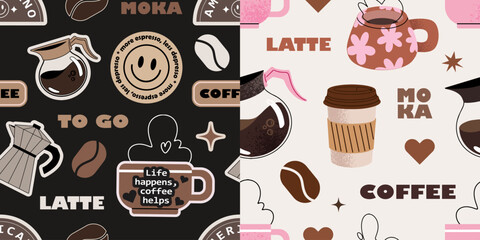 Seamless coffee backgrounds with cappuccino, cups, arabica seeds, mugs, kettles, espresso. Vector patterns in a flat retro style