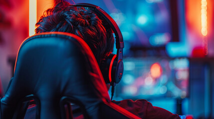 Close-up of a gaming chairâs headrest, with the gamer leaning back during an intense moment in the game.