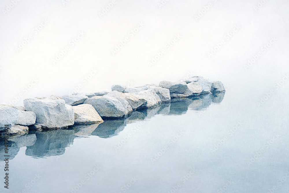 Aufkleber a row of rocks reflected in calm misty water, creating a serene and peaceful atmosphere with soft li