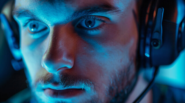 Close-up of a gamer's face, wearing a gaming headset, with a serious expression as they communicate with teammates.