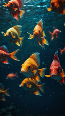 brightly colored fish darting around deep underwater background 