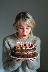 Woman blowing birthday cake candles