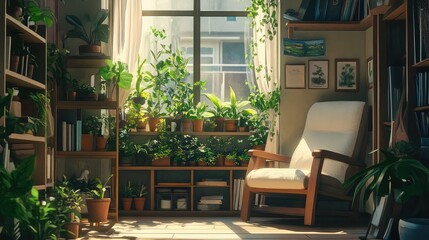 Anime-style corner of a room with a small indoor garden, shelves with potted plants, and a comfortable chair.