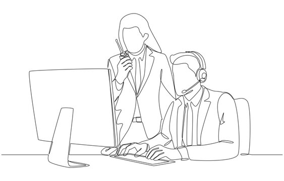 Continuous one line drawing of event manager with walkie-talkie working with colleague in control room, event organization and technical support concept, single line art.