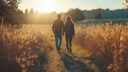 Couple walking hand in hand along a sunlit path through golden fields at sunset in a serene natural landscape
