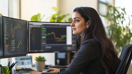 A professional woman analyzing financial data on dual monitors in a modern office filled with greenery during daylight hours