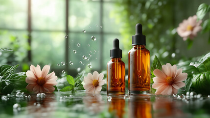 Natural serum products photo shoot with flowers background.