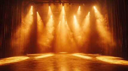 Radiant Elegance: Dramatic Spotlight on Intimate Stage with Golden Hues and Soft Shadows