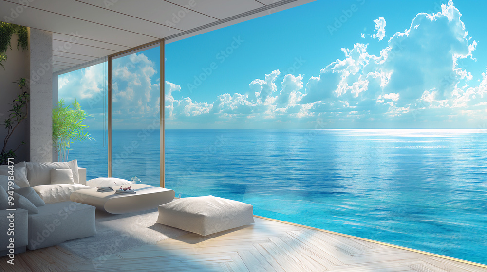 Wall mural A large window overlooks a beautiful ocean