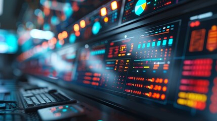 Obraz premium Close-Up of Colorful Factory Data Displays on Multiple Monitors in Modern Monitor Room