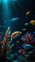 Fototapeta premium luminous underwater creatures illuminating the deep underwater background 