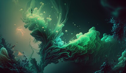 Fototapeta premium Abstract green plant-like formation with swirling textures created by fluid dynamics in a dark environment